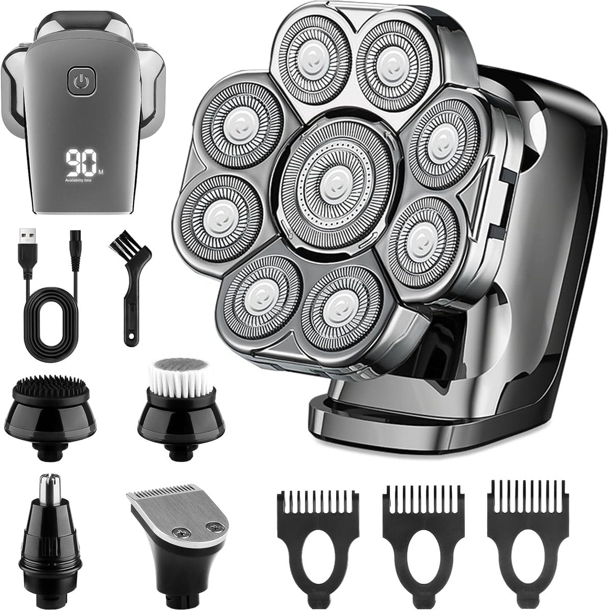 9D Head Shavers for Bald Men - 5-in-1 Electric Razor with Nose Trimmer, Massager, LED Display, Cordless Rechargeable Wet/Dry Grooming Kit, Gift for Husband Dad (Silver) Avelisse