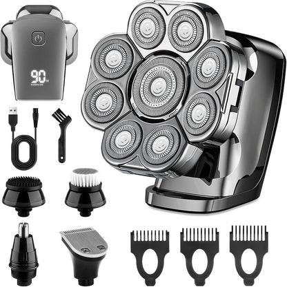 9D Head Shavers for Bald Men - 5-in-1 Electric Razor with Nose Trimmer, Massager, LED Display, Cordless Rechargeable Wet/Dry Grooming Kit, Gift for Husband Dad (Silver) Avelisse