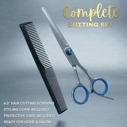 6.5" Stainless Steel Hair Cutting Scissors with Adjustable Tension & Finger Rings - Professional Barber Shears for Men & Women, Sharp Haircut Scissors Kit with Comb for Salon & Home Use