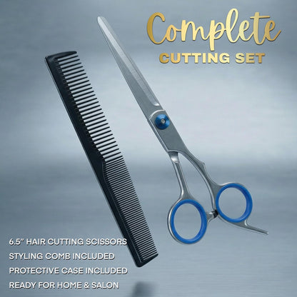 6.5" Stainless Steel Hair Cutting Scissors with Adjustable Tension & Finger Rings - Professional Barber Shears for Men & Women, Sharp Haircut Scissors Kit with Comb for Salon & Home Use