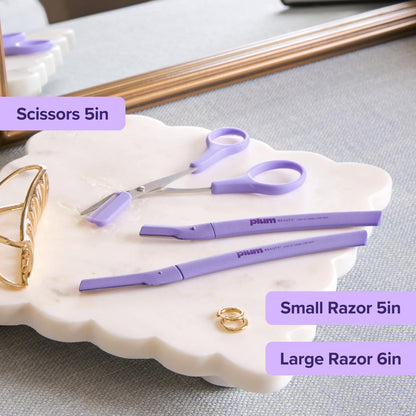 Plum Beauty Eyebrow Shaping Set – Complete 3-Piece Grooming Kit with 2 Folding Razors & Precision Trimming Scissors with Brush