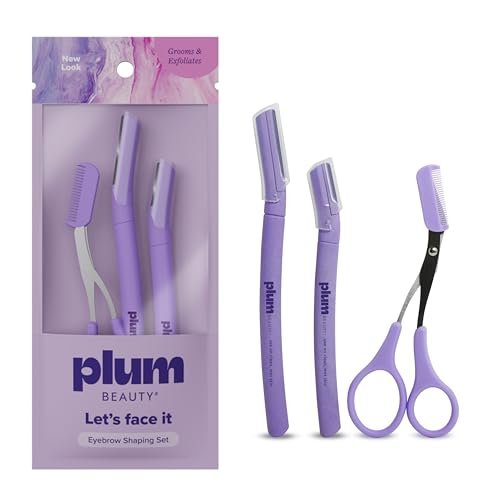 Plum Beauty Eyebrow Shaping Set – Complete 3-Piece Grooming Kit with 2 Folding Razors & Precision Trimming Scissors with Brush - görsel 2