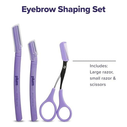 Plum Beauty Eyebrow Shaping Set – Complete 3-Piece Grooming Kit with 2 Folding Razors & Precision Trimming Scissors with Brush
