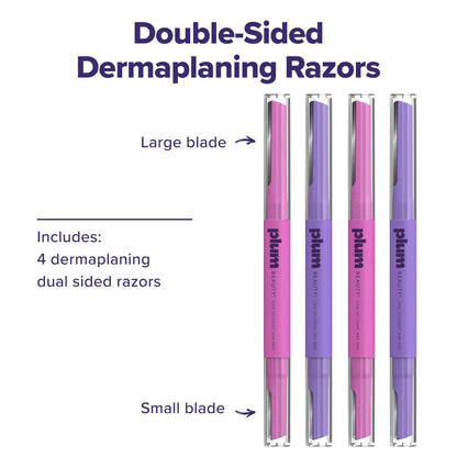Plum Beauty Double-Sided Dermaplaning Razors (4-Pack) – Dual-Blade Facial Razors for Women - Precision & Large Blades for Brows, Upper Lip, & Cheeks - Peach Fuzz Remover & Exfoliating Face Tool