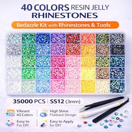 Badazzle Kit 40 Colors 35000PCS Resin Jelly Flatback Rhinestones - Bedazzling Kit with Tools for Crafts & DIY Projects Avelisse