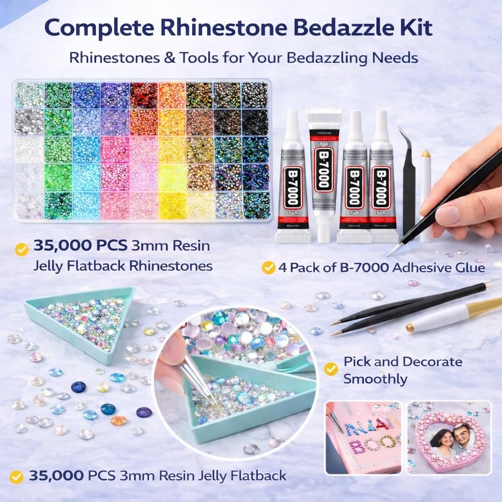 Badazzle Kit 40 Colors 35000PCS Resin Jelly Flatback Rhinestones - Bedazzling Kit with Tools for Crafts & DIY Projects Avelisse
