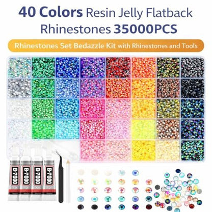 Badazzle Kit 40 Colors 35000PCS Resin Jelly Flatback Rhinestones - Bedazzling Kit with Tools for Crafts & DIY Projects Avelisse