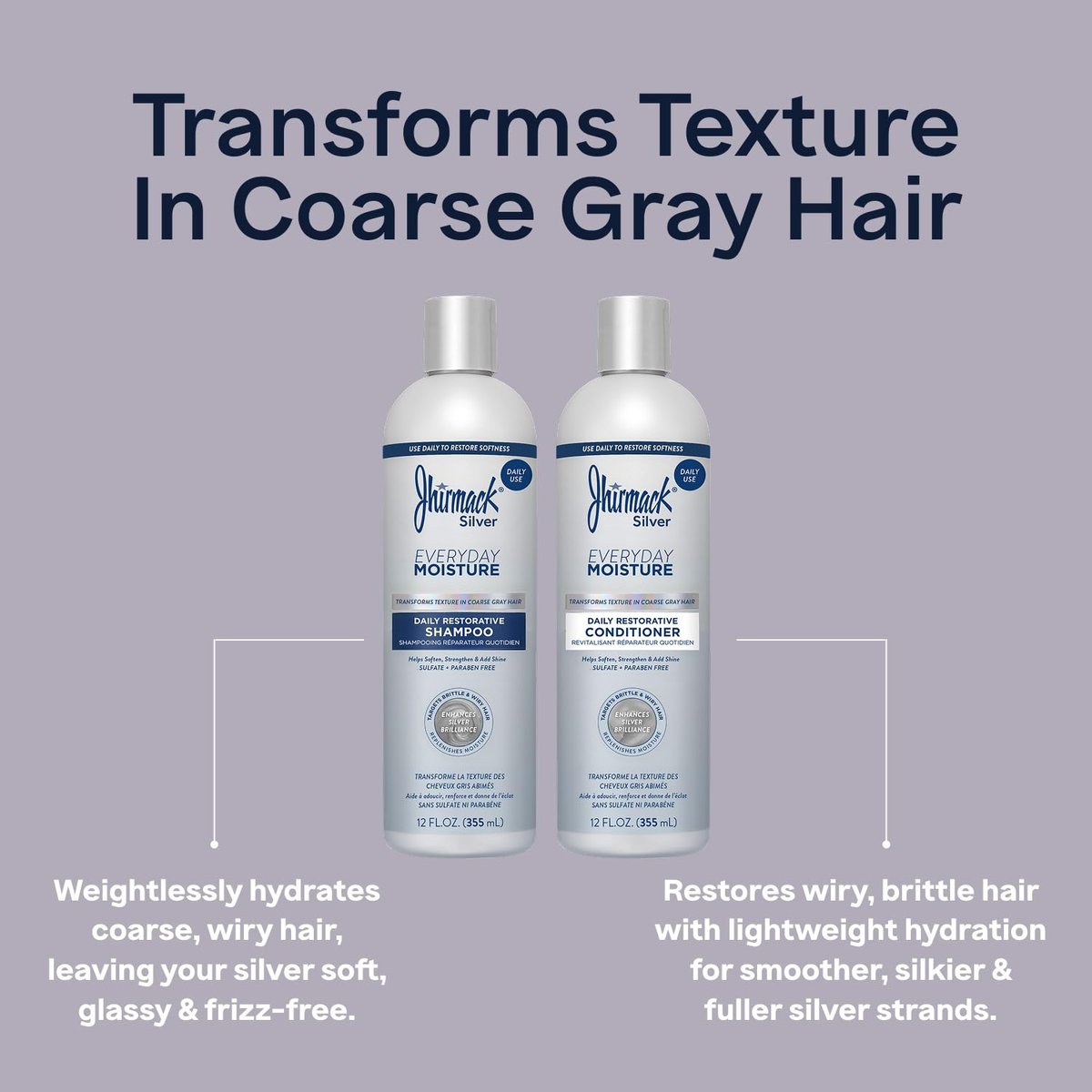 Jhirmack Silver Everyday Moisture Daily Restorative Shampoo and Conditioner Set for Silver, Grey, and White Hair - 12 fl oz Each Avelisse