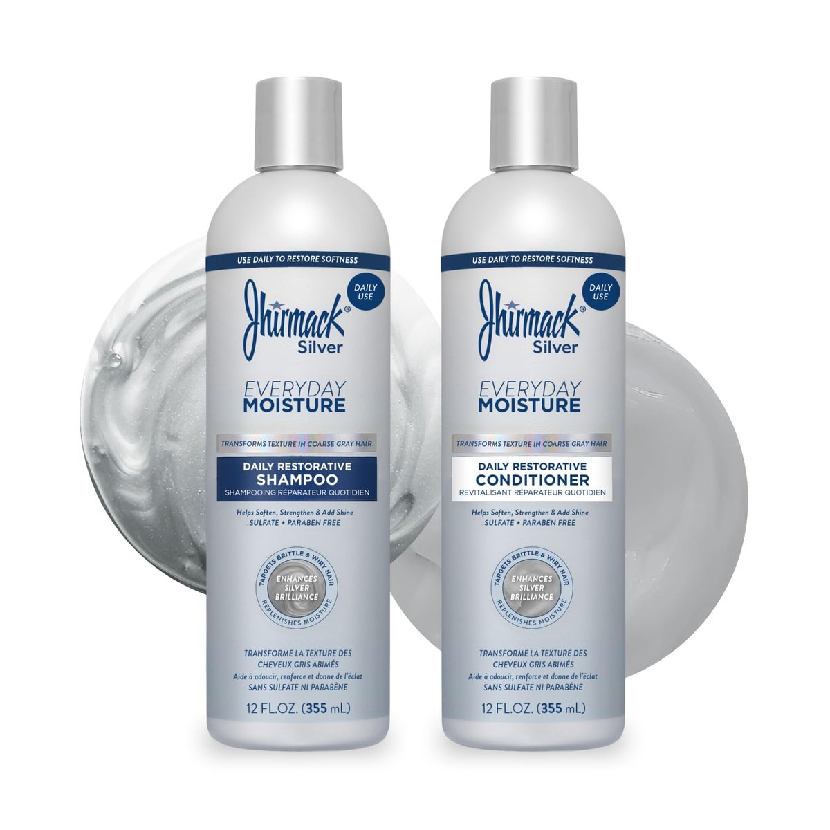Jhirmack Silver Everyday Moisture Daily Restorative Shampoo and Conditioner Set for Silver, Grey, and White Hair - 12 fl oz Each Avelisse