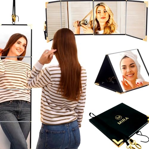 M MIRA Folding Full Length Travel Makeup Mirror - 3-in-1 Portable Mirror (Pyramid, Vanity, Full Length) for Outfit, Hair & Makeup - Black with Gold Accents Avelisse