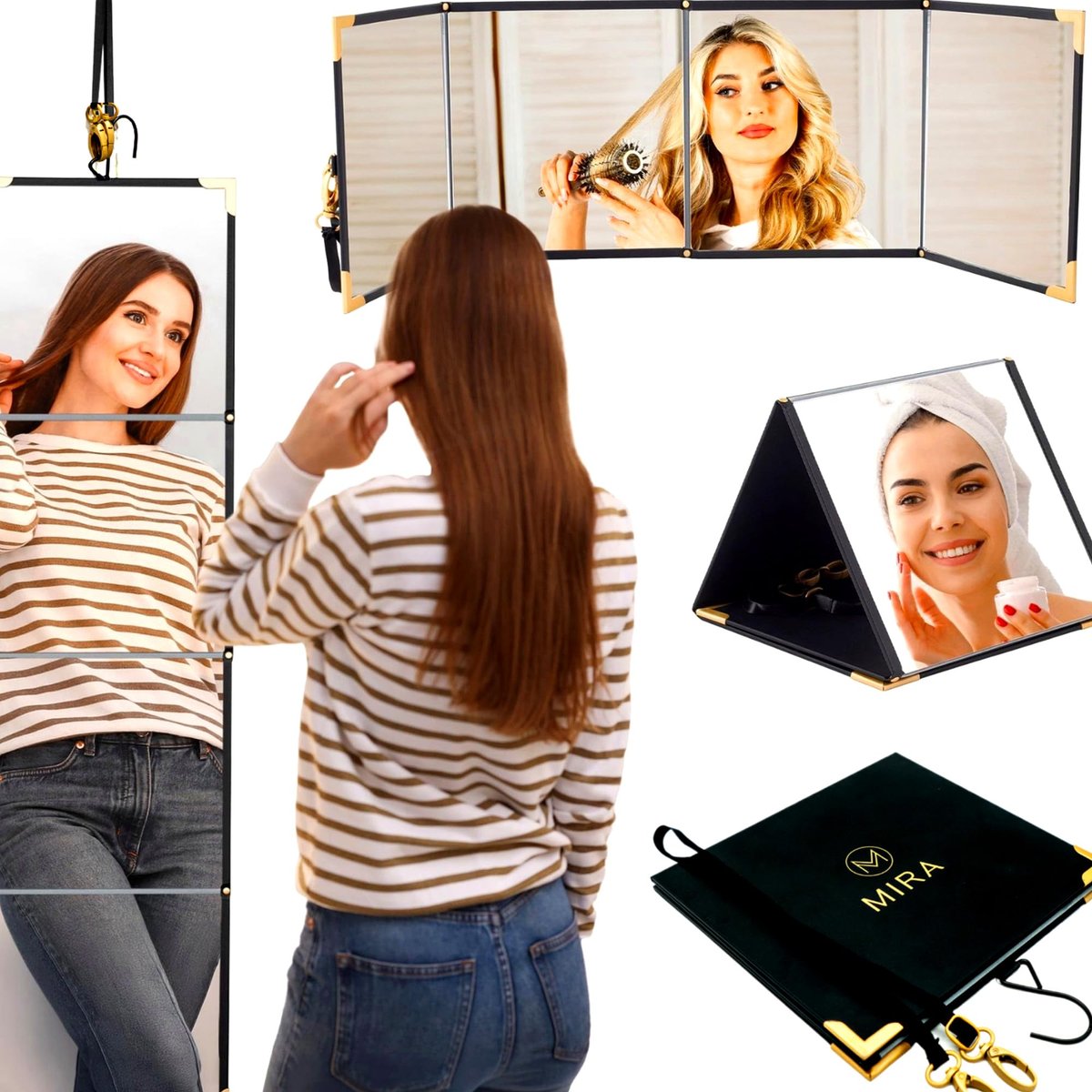 M MIRA Folding Full Length Travel Makeup Mirror - 3-in-1 Portable Mirror (Pyramid, Vanity, Full Length) for Outfit, Hair & Makeup - Black with Gold Accents Avelisse