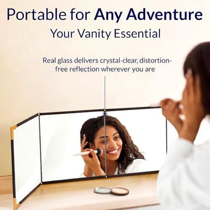 M MIRA Folding Full Length Travel Makeup Mirror - 3-in-1 Portable Mirror (Pyramid, Vanity, Full Length) for Outfit, Hair & Makeup - Black with Gold Accents Avelisse