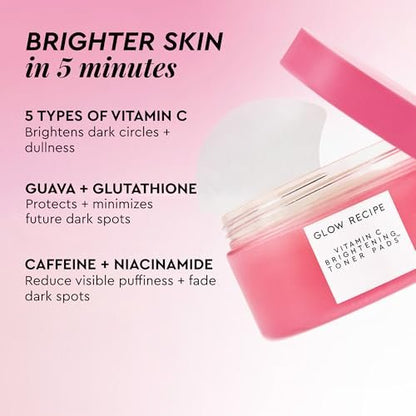 Glow Recipe Vitamin C Brightening Toner Pads - Korean Vitamin C Face Pads for Dark Circles Under-Eye and Cheeks - Light Face Exfoliator - Niacinamide, Caffeine, Guava - Fragrance-Free (60 Count) Avelisse