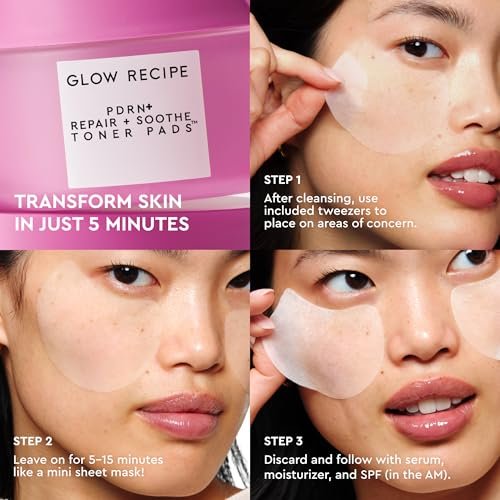 Glow Recipe PDRN+ Repair + Soothe Toner Pads - Fragrance-Free Face Toner Pads for Sensitive Skin - Barrier Repair, Redness Reducing + Calming Hydration with Centella - Korean Skin Care (60 Face Pads) Avelisse