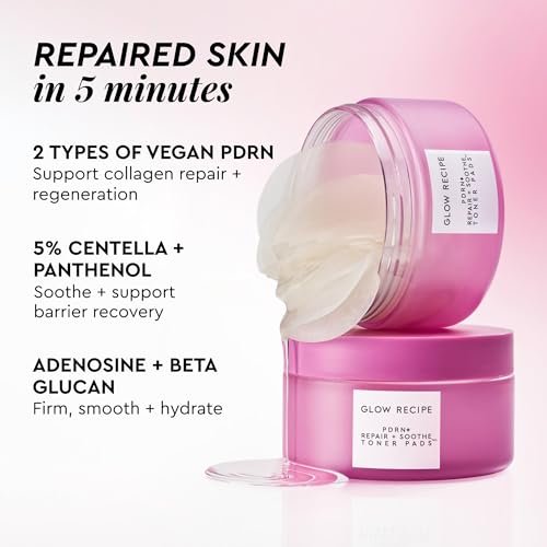Glow Recipe PDRN+ Repair + Soothe Toner Pads - Fragrance-Free Face Toner Pads for Sensitive Skin - Barrier Repair, Redness Reducing + Calming Hydration with Centella - Korean Skin Care (60 Face Pads) Avelisse