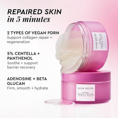 Glow Recipe PDRN+ Repair + Soothe Toner Pads - Fragrance-Free Face Toner Pads for Sensitive Skin - Barrier Repair, Redness Reducing + Calming Hydration with Centella - Korean Skin Care (60 Face Pads) Avelisse