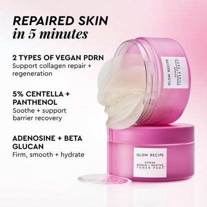 Glow Recipe PDRN+ Repair + Soothe Toner Pads - Fragrance-Free Face Toner Pads for Sensitive Skin - Barrier Repair, Redness Reducing + Calming Hydration with Centella - Korean Skin Care (60 Face Pads) Avelisse