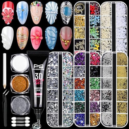 FANDAMEI 3D Nail Gel Kit - 15g Sculpting Gel, 5 Box Nail Pearls Charms & Gems, Metal Beads, Chrome Powder for DIY Manicure (UV/LED Lamp Needed) Avelisse