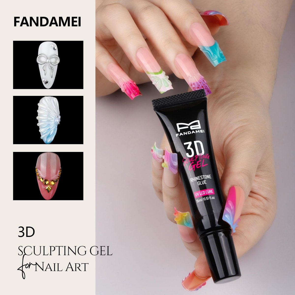 FANDAMEI 3D Nail Gel Kit - 15g Sculpting Gel, 5 Box Nail Pearls Charms & Gems, Metal Beads, Chrome Powder for DIY Manicure (UV/LED Lamp Needed) Avelisse