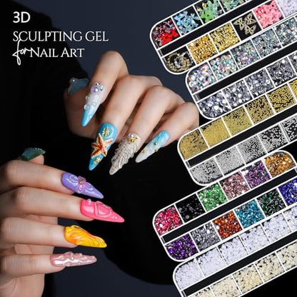 FANDAMEI 3D Nail Gel Kit - 15g Sculpting Gel, 5 Box Nail Pearls Charms & Gems, Metal Beads, Chrome Powder for DIY Manicure (UV/LED Lamp Needed) Avelisse