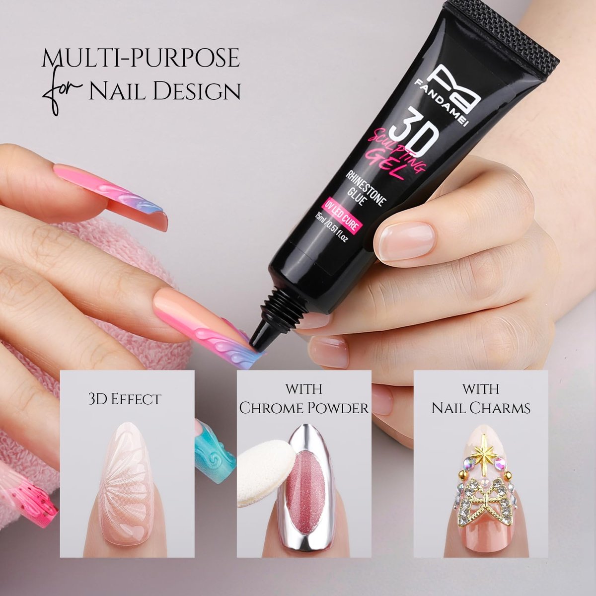 FANDAMEI 3D Nail Gel Kit - 15g Sculpting Gel, 5 Box Nail Pearls Charms & Gems, Metal Beads, Chrome Powder for DIY Manicure (UV/LED Lamp Needed) Avelisse