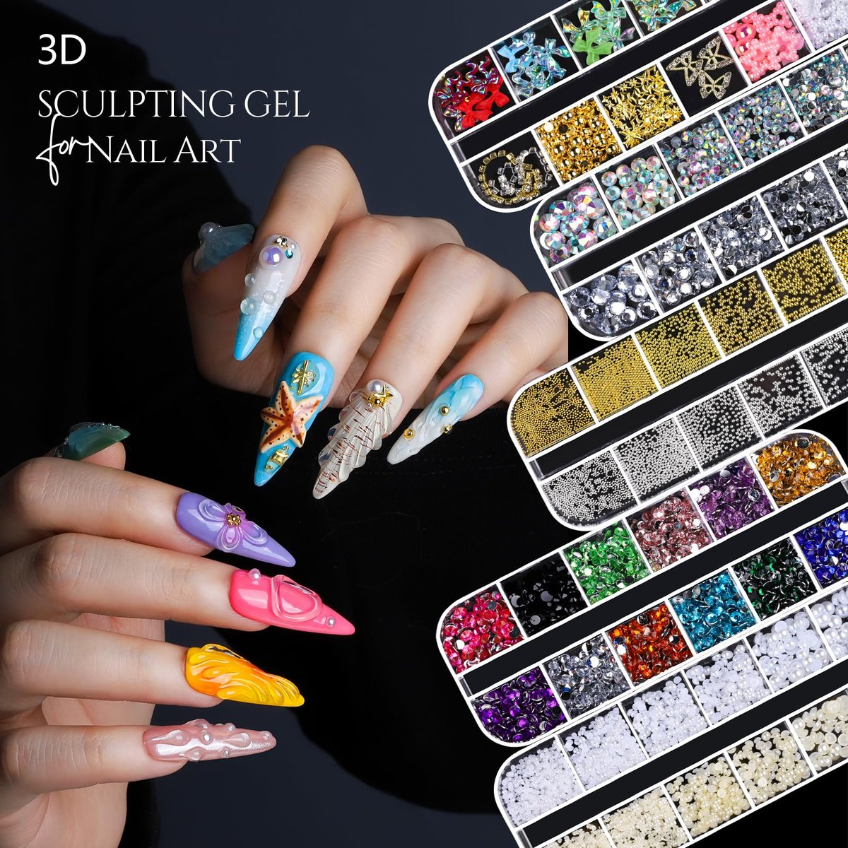 FANDAMEI 3D Nail Gel Kit - 15g Sculpting Gel, 5 Box Nail Pearls Charms & Gems, Metal Beads, Chrome Powder for DIY Manicure (UV/LED Lamp Needed) Avelisse