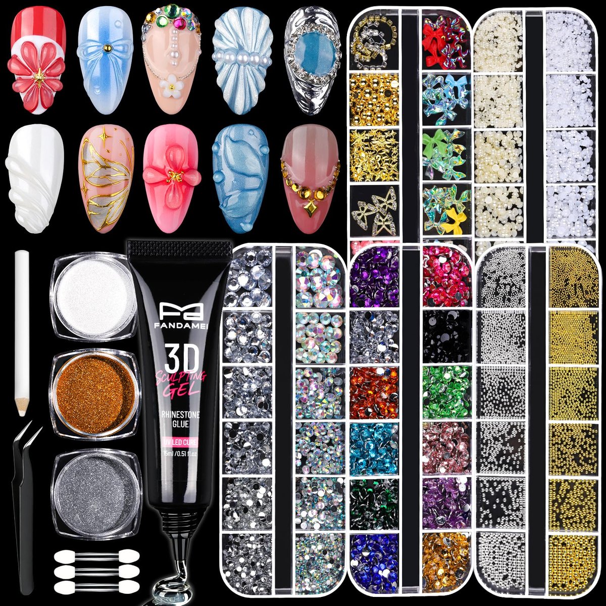 FANDAMEI 3D Nail Gel Kit - 15g Sculpting Gel, 5 Box Nail Pearls Charms & Gems, Metal Beads, Chrome Powder for DIY Manicure (UV/LED Lamp Needed) Avelisse