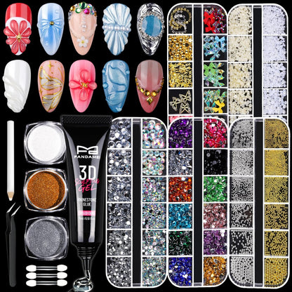 FANDAMEI 3D Nail Gel Kit - 15g Sculpting Gel, 5 Box Nail Pearls Charms & Gems, Metal Beads, Chrome Powder for DIY Manicure (UV/LED Lamp Needed) Avelisse
