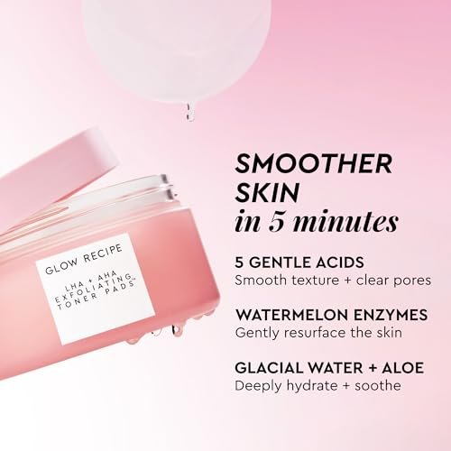 Glow Recipe LHA + AHA Exfoliating Toner Pads – Korean Pore Minimizer & Hydrating Toner with 5 Gentle Acids, Watermelon Enzymes, and Botanicals (60 Pads) Avelisse