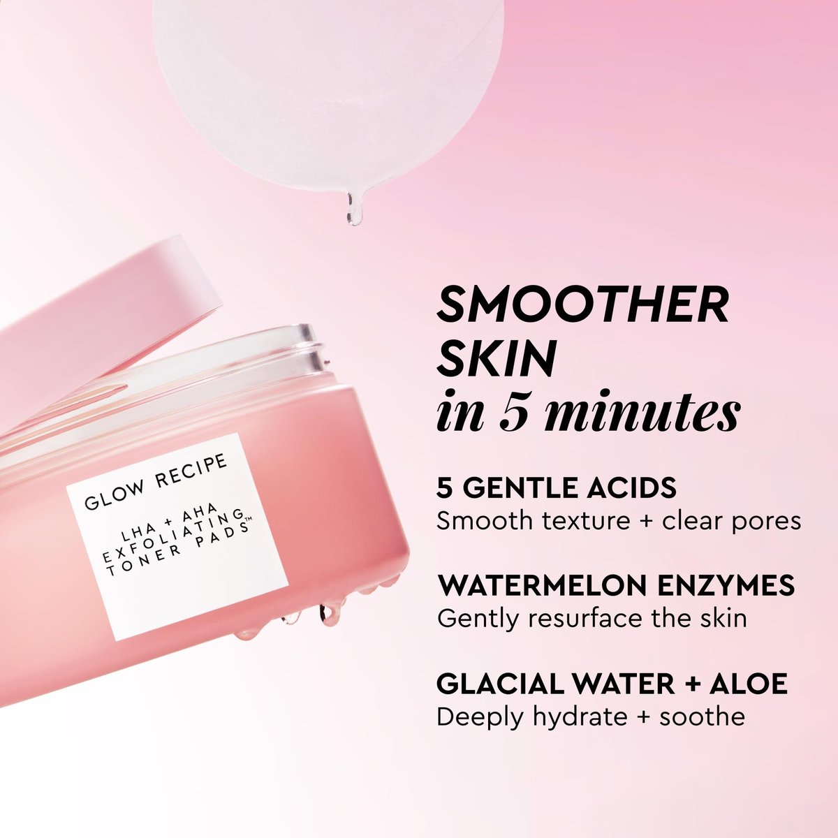 Glow Recipe LHA + AHA Exfoliating Toner Pads – Korean Pore Minimizer & Hydrating Toner with 5 Gentle Acids, Watermelon Enzymes, and Botanicals (60 Pads) Avelisse