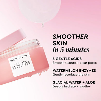 Glow Recipe LHA + AHA Exfoliating Toner Pads – Korean Pore Minimizer & Hydrating Toner with 5 Gentle Acids, Watermelon Enzymes, and Botanicals (60 Pads) Avelisse