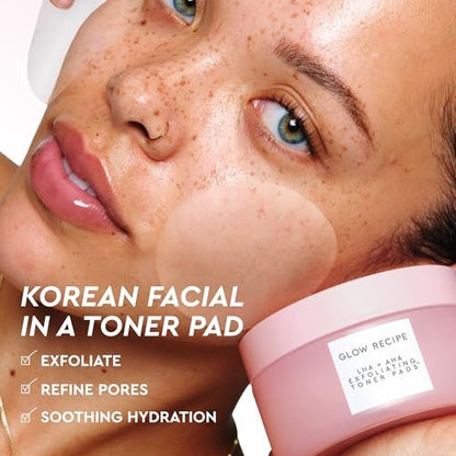 Glow Recipe LHA + AHA Exfoliating Toner Pads – Korean Pore Minimizer & Hydrating Toner with 5 Gentle Acids, Watermelon Enzymes, and Botanicals (60 Pads) Avelisse