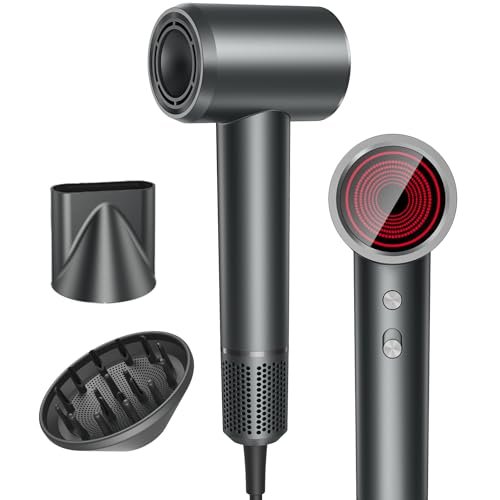 ROUUO High-Speed Hair Dryer - 150000RPM Brushless Motor, Ionic Blow Dryer with Magnetic Diffuser for Frizz Reduction, Low Noise, Gray Avelisse