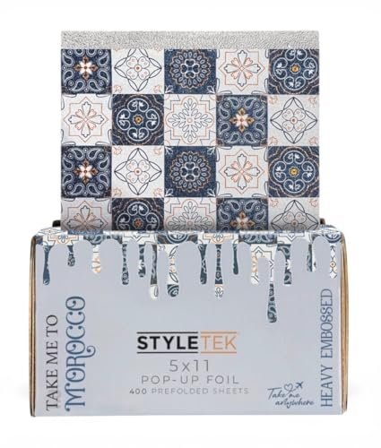 STYLETEK 5x11 Pop Up Foil, MOROCCO EDITION – 400 Sheets Heavy Emboss Luxury Salon Foil (Blue and White) Avelisse