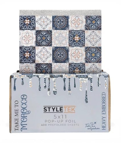 STYLETEK 5x11 Pop Up Foil, MOROCCO EDITION – 400 Sheets Heavy Emboss Luxury Salon Foil (Blue and White) Avelisse