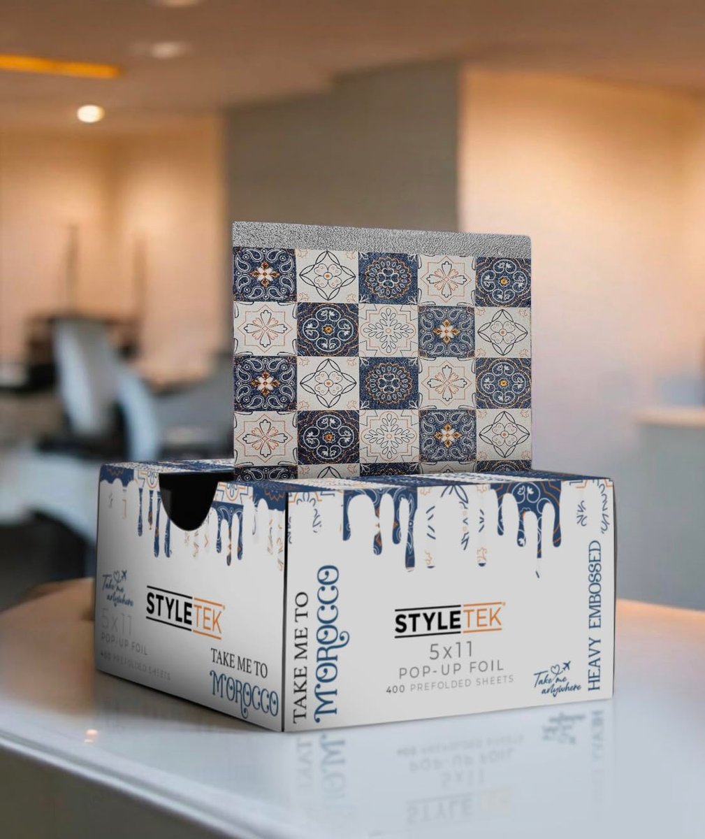 STYLETEK 5x11 Pop Up Foil, MOROCCO EDITION – 400 Sheets Heavy Emboss Luxury Salon Foil (Blue and White) Avelisse