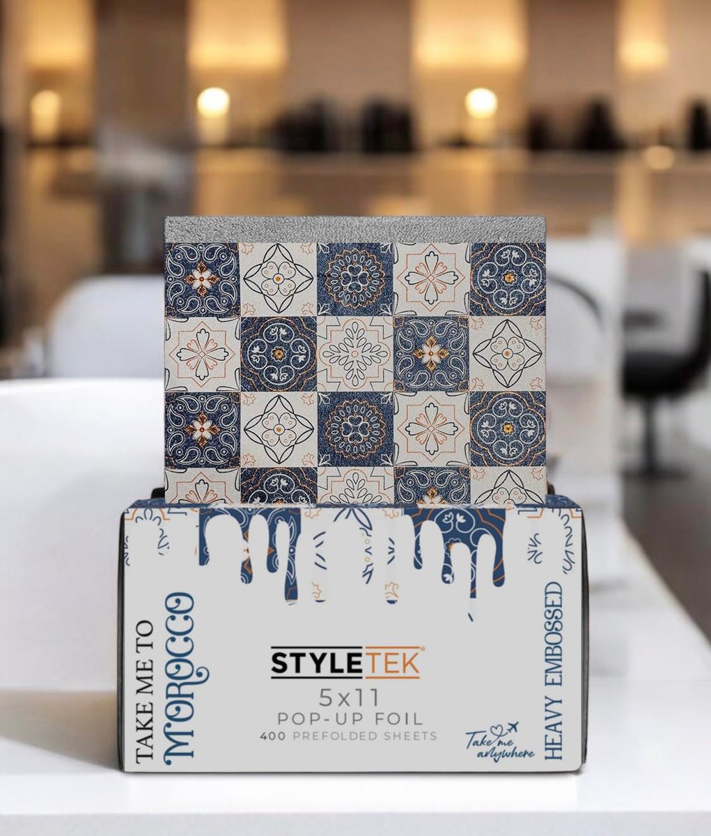 STYLETEK 5x11 Pop Up Foil, MOROCCO EDITION – 400 Sheets Heavy Emboss Luxury Salon Foil (Blue and White) Avelisse