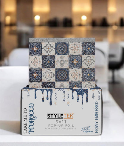 STYLETEK 5x11 Pop Up Foil, MOROCCO EDITION – 400 Sheets Heavy Emboss Luxury Salon Foil (Blue and White) Avelisse