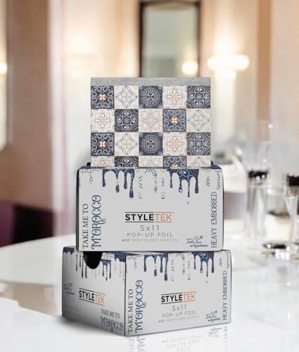 STYLETEK 5x11 Pop Up Foil, MOROCCO EDITION – 400 Sheets Heavy Emboss Luxury Salon Foil (Blue and White) Avelisse