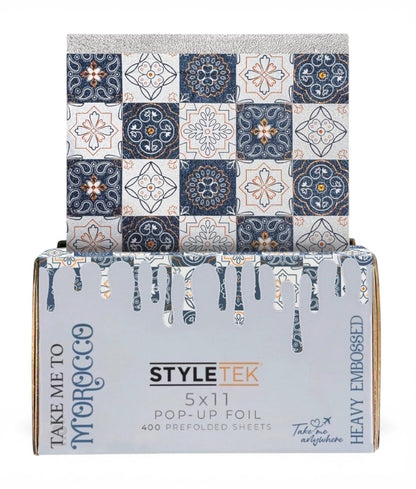 STYLETEK 5x11 Pop Up Foil, MOROCCO EDITION – 400 Sheets Heavy Emboss Luxury Salon Foil (Blue and White) Avelisse
