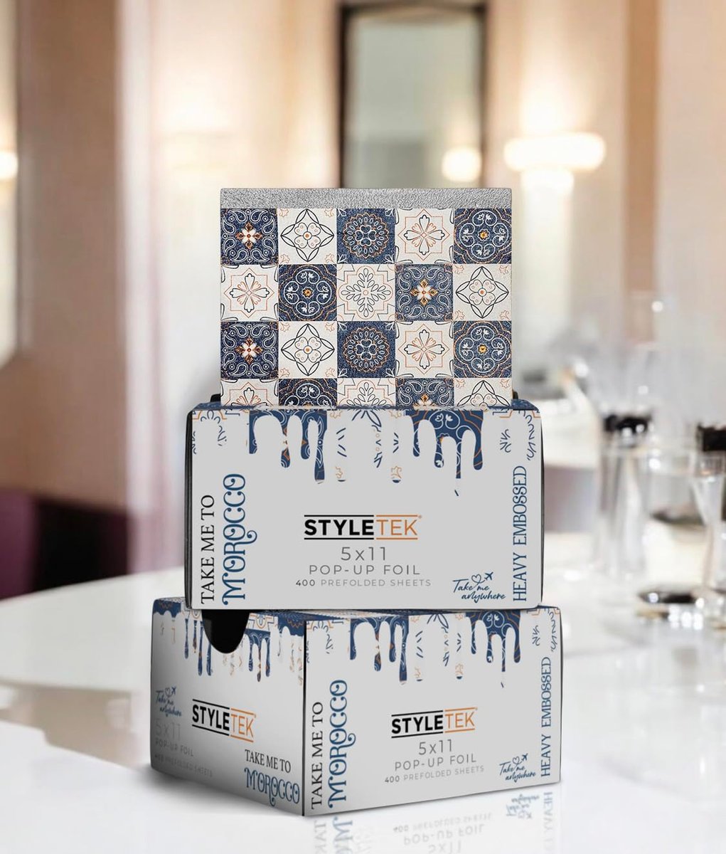 STYLETEK 5x11 Pop Up Foil, MOROCCO EDITION – 400 Sheets Heavy Emboss Luxury Salon Foil (Blue and White) Avelisse