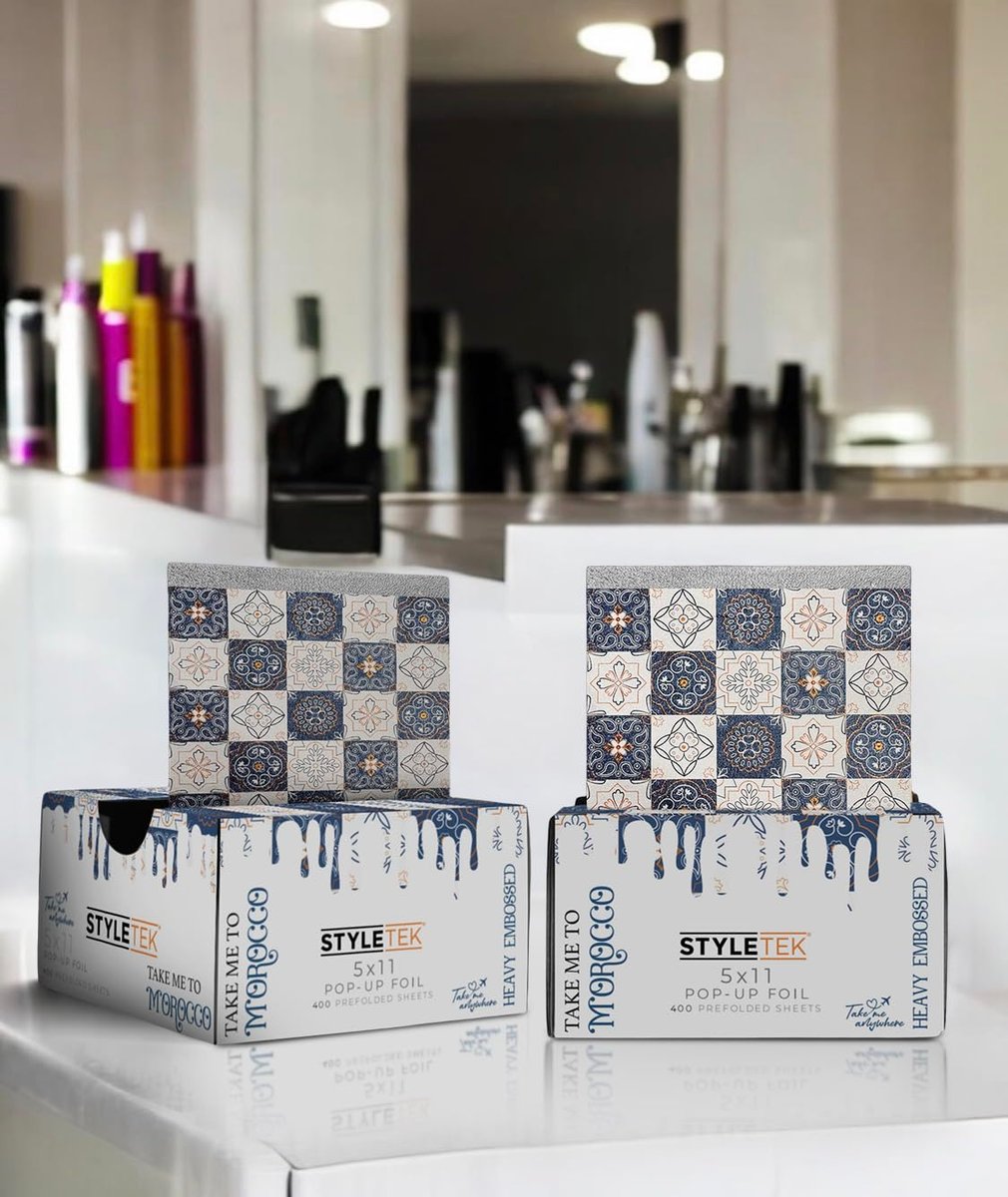 STYLETEK 5x11 Pop Up Foil, MOROCCO EDITION – 400 Sheets Heavy Emboss Luxury Salon Foil (Blue and White) Avelisse