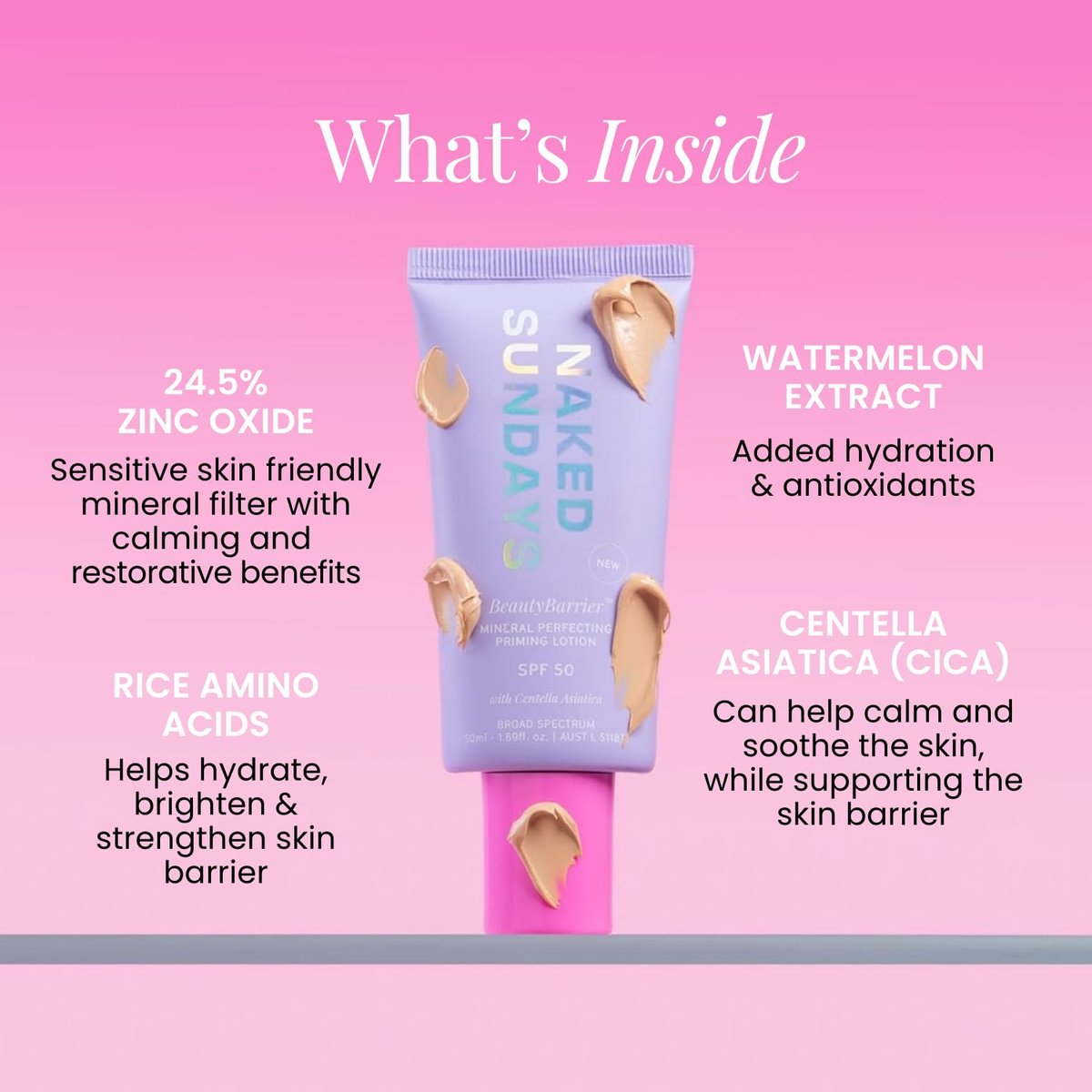 Naked Sundays BeautyBarrier Mineral Perfecting Priming Lotion SPF 50 – Sensitive Skin Mineral Sunscreen Primer with Zinc Oxide & Centella Asiatica (Cica), 50ml Avelisse
