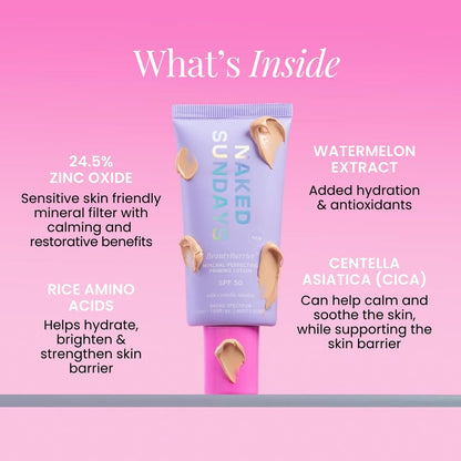 Naked Sundays BeautyBarrier Mineral Perfecting Priming Lotion SPF 50 – Sensitive Skin Mineral Sunscreen Primer with Zinc Oxide & Centella Asiatica (Cica), 50ml Avelisse
