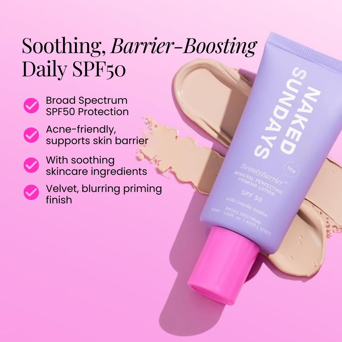 Naked Sundays BeautyBarrier Mineral Perfecting Priming Lotion SPF 50 – Sensitive Skin Mineral Sunscreen Primer with Zinc Oxide & Centella Asiatica (Cica), 50ml Avelisse