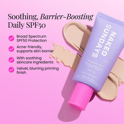 Naked Sundays BeautyBarrier Mineral Perfecting Priming Lotion SPF 50 – Sensitive Skin Mineral Sunscreen Primer with Zinc Oxide & Centella Asiatica (Cica), 50ml Avelisse