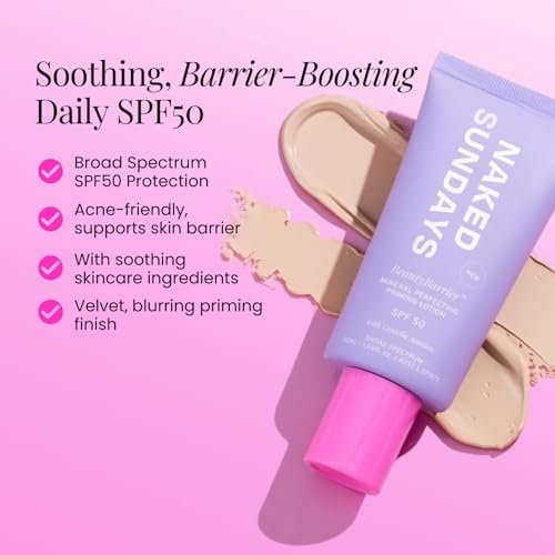 Naked Sundays BeautyBarrier Mineral Perfecting Priming Lotion SPF 50 – Sensitive Skin Mineral Sunscreen Primer with Zinc Oxide & Centella Asiatica (Cica), 50ml Avelisse