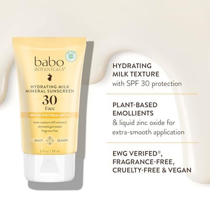 Babo Botanicals Hydrating Milk Mineral Sunscreen SPF 30 - Natural Zinc Oxide, Dewy Finish, Water Resistant, Fragrance-Free, EWG Verified, Vegan Face Sunscreen for Sensitive Skin, 2 oz Avelisse