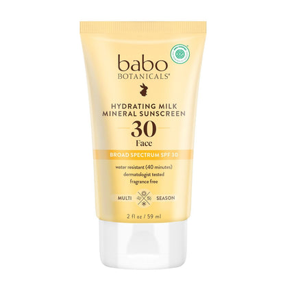Babo Botanicals Hydrating Milk Mineral Sunscreen SPF 30 - Natural Zinc Oxide, Dewy Finish, Water Resistant, Fragrance-Free, EWG Verified, Vegan Face Sunscreen for Sensitive Skin, 2 oz Avelisse