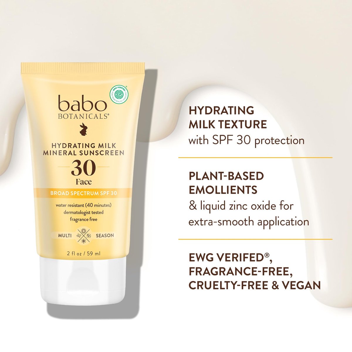 Babo Botanicals Hydrating Milk Mineral Sunscreen SPF 30 - Natural Zinc Oxide, Dewy Finish, Water Resistant, Fragrance-Free, EWG Verified, Vegan Face Sunscreen for Sensitive Skin, 2 oz Avelisse